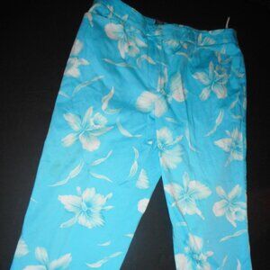 Ladies vintage Orchid flowers teal -whitecolor slacks belt loops size 10